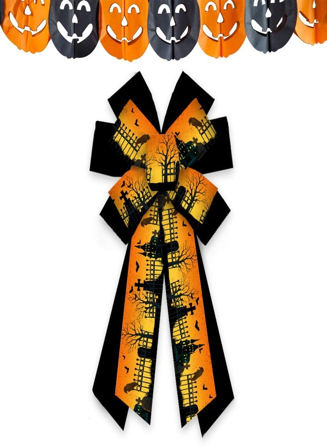 Habbiful Large Halloween Wreath Bow for Front Door - Orange & Black Haunted House Bow for Wreath & Tree Topper - Indoor/Outdoor Ornaments & Decoration Supplies - Image 1